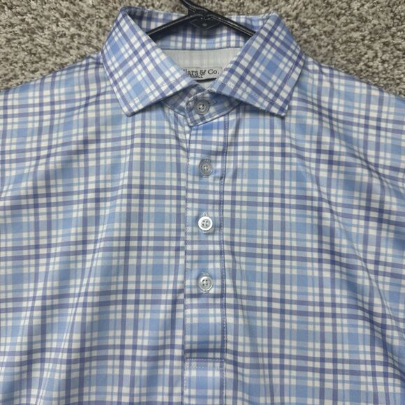 Collars And Co Polo Mens Small Blue Plaid Performance Golf Short Sleeve Poly - Picture 2 of 14